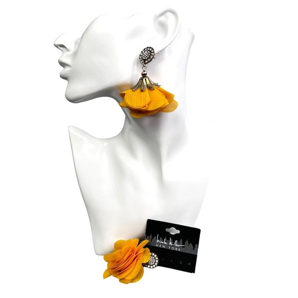 Nicole Miller New York Floral Earrings Mustard Yellow Gold Rhinestone NWT - Picture 2 of 11